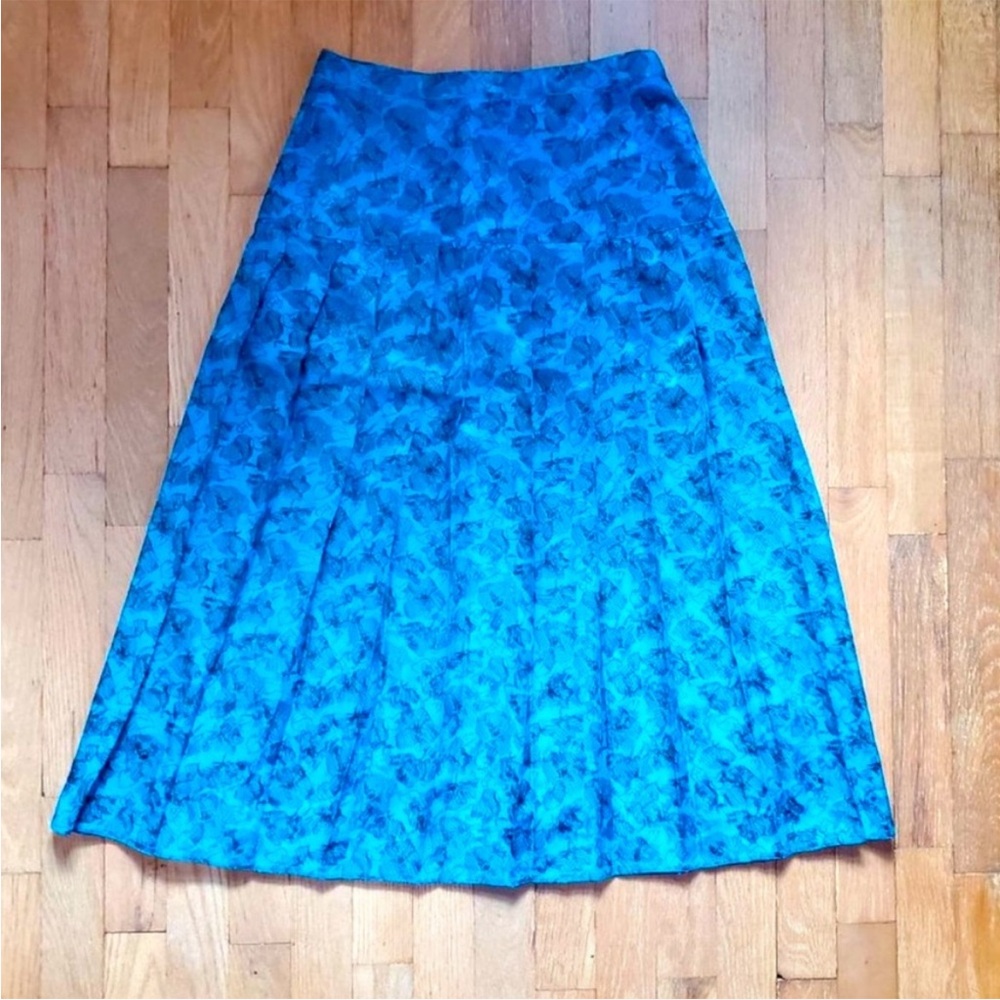 Vintage 70s Teal Blue Black Floral Pleated A Line Midi Skirt Women's